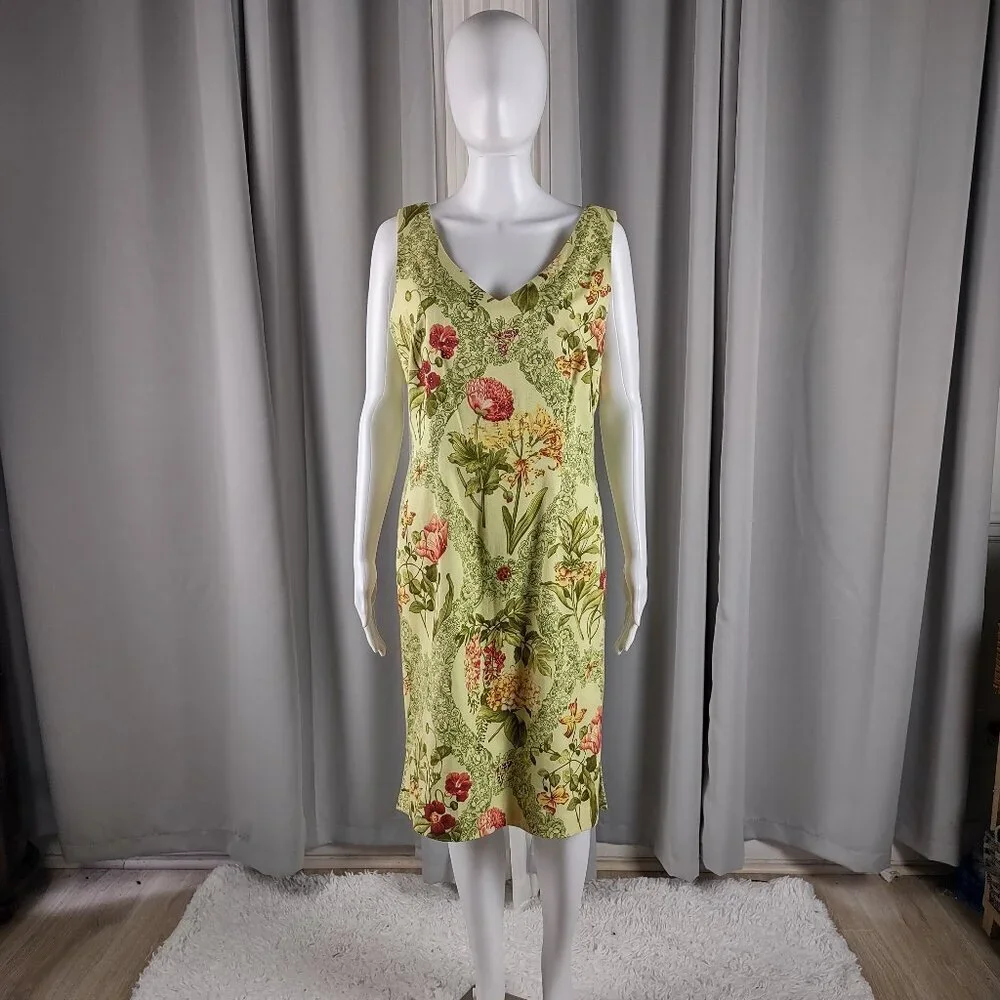 Talbots Yellow Green Floral Sleeveless 100% Cotton A-Line Midi Dress Size 10 - Picture 2 of 11
